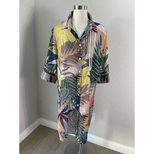Selection by Ulla Popken Shirt Womens 16/18 Multicolor Sheer Button Up Tropical